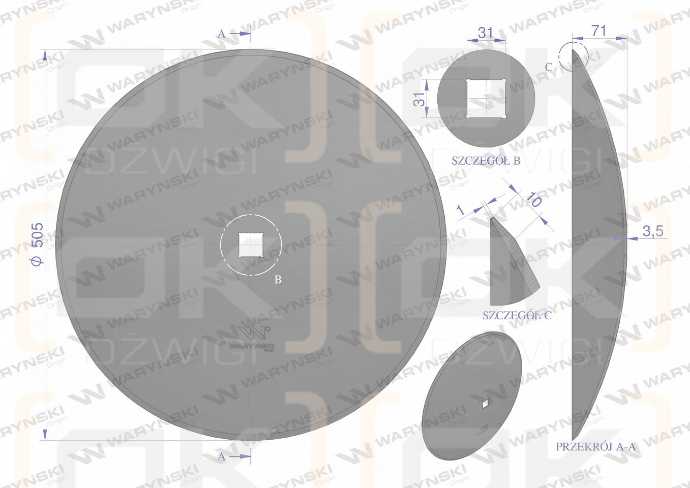 Talerz gładki fi 510 otwór 30x30 stal borowa WARYŃSKI R 1279621010 1240040020