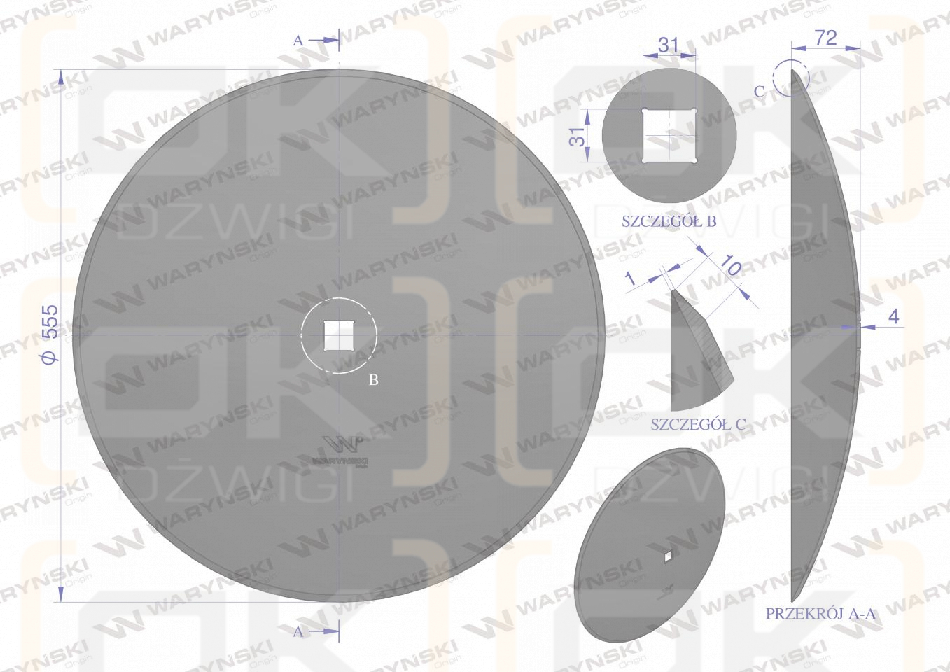 Talerz gładki fi 560 otwór 30x30 stal borowa WARYŃSKI R 1202030120