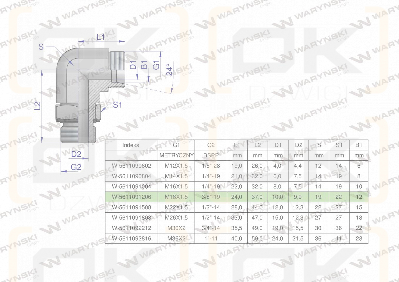 Kolanko hydrauliczne nastawne BB M18x1.5 12L x 3/8
