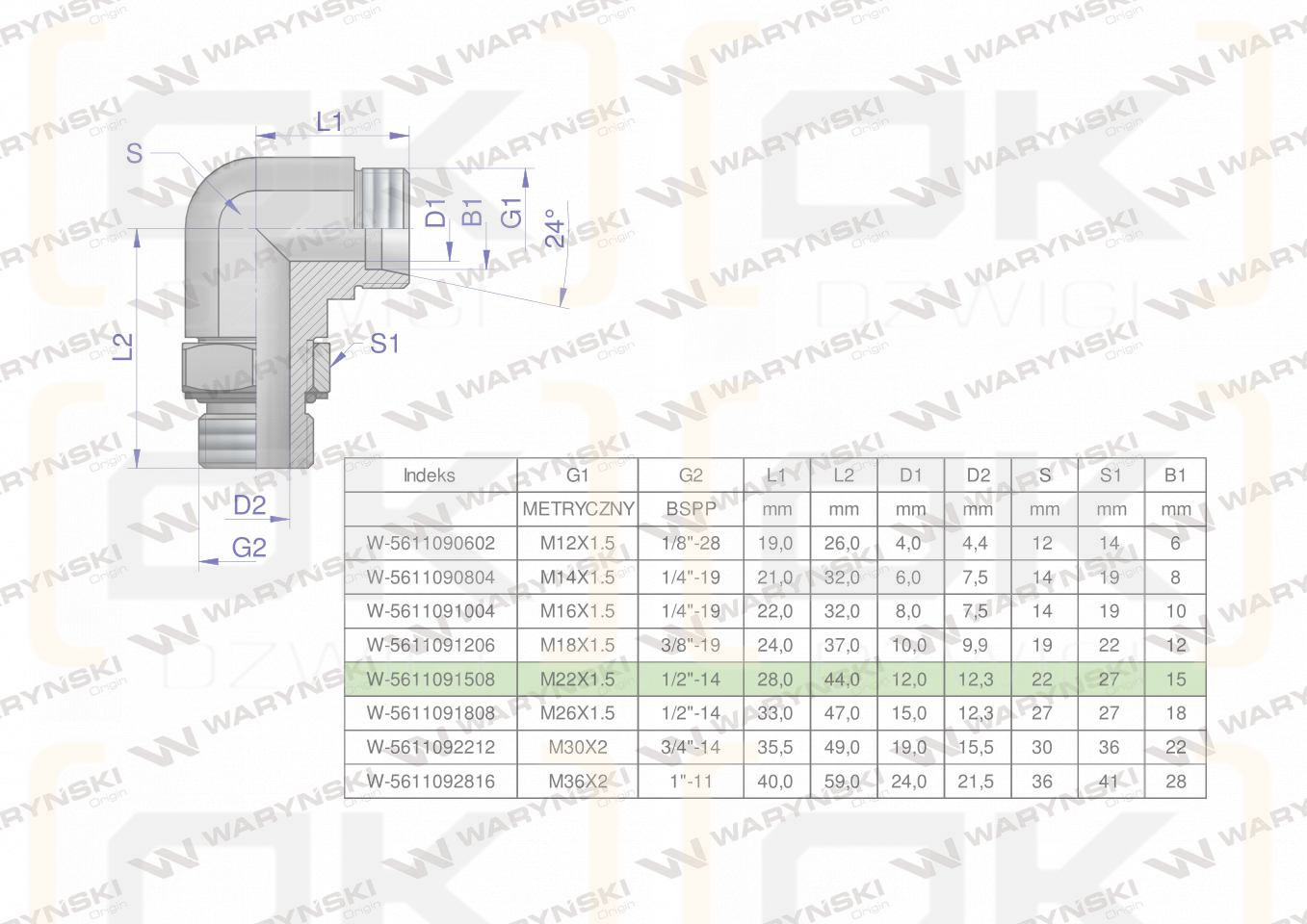 Kolanko hydrauliczne nastawne BB M22x1.5 15L x 1/2