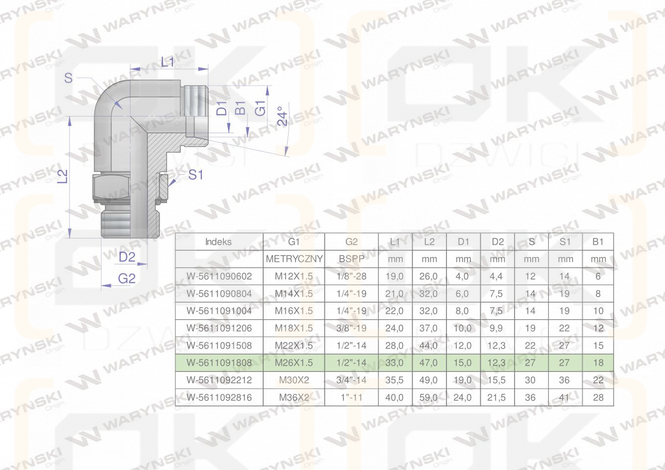 Kolanko hydrauliczne nastawne BB M26x1.5 18L x 1/2