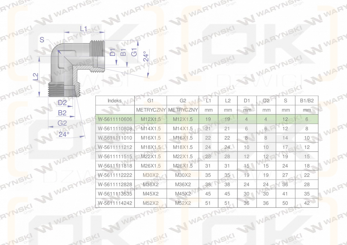 Kolanko hydrauliczne metryczne BB M12x1.5 06L (XW) Waryński ( sprzedawane po 5 )