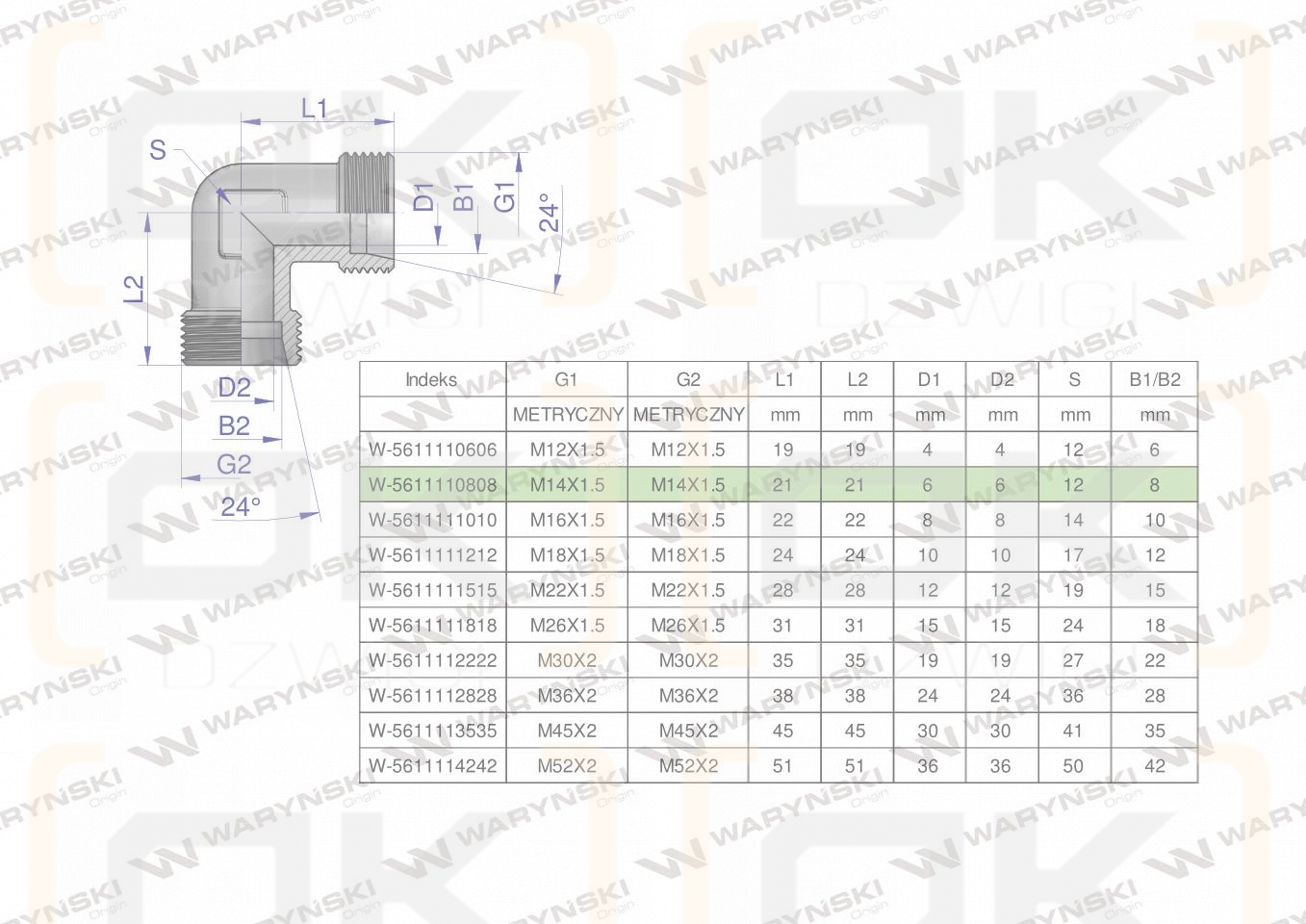 Kolanko hydrauliczne metryczne BB M14x1.5 08L (XW) Waryński ( sprzedawane po 5 )