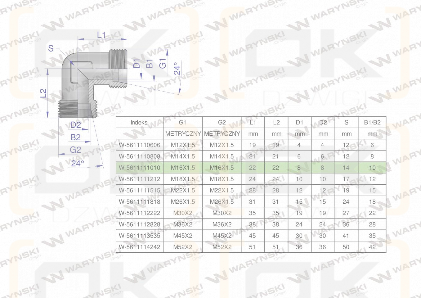 Kolanko hydrauliczne metryczne BB M16x1.5 10L (XW) Waryński ( sprzedawane po 5 )
