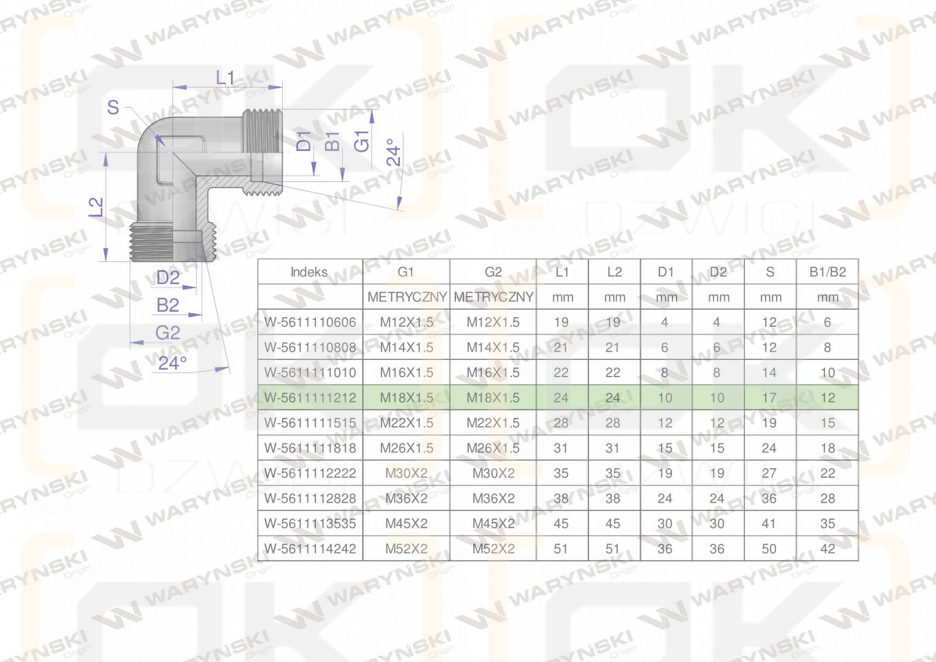 Kolanko hydrauliczne metryczne BB M18x1.5 12L (XW) Waryński ( sprzedawane po 5 )