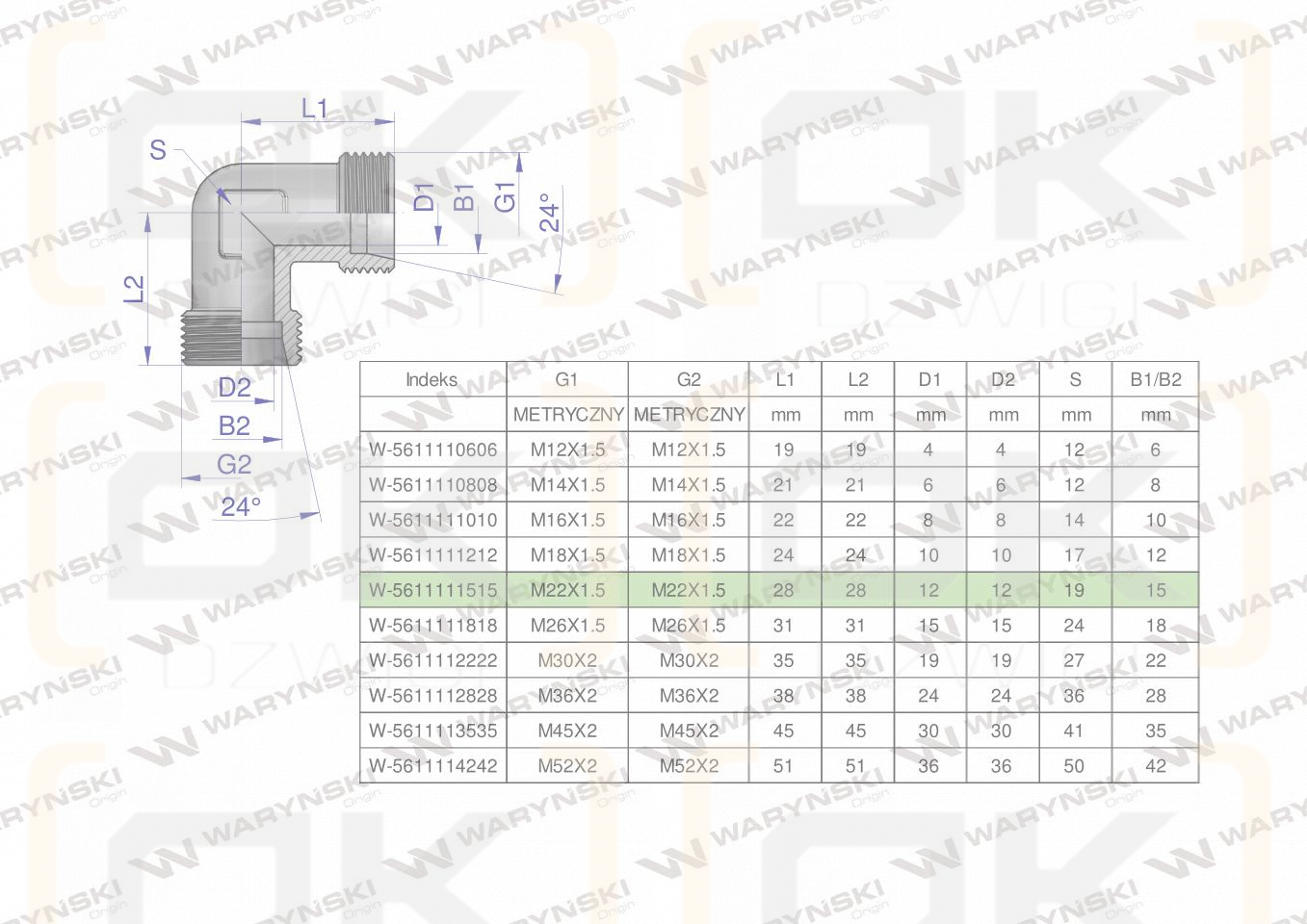 Kolanko hydrauliczne metryczne BB M22x1.5 15L (XW) Waryński ( sprzedawane po 5 )