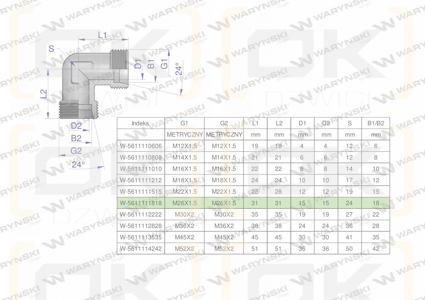 Kolanko hydrauliczne metryczne BB M26x1.5 18L (XW) Waryński