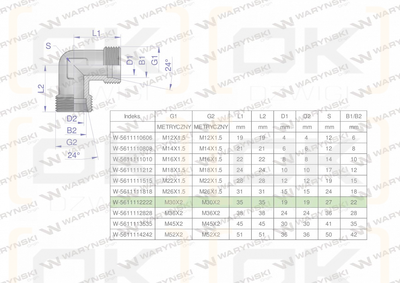 Kolanko hydrauliczne metryczne BB M30x2 22L (XW) Waryński