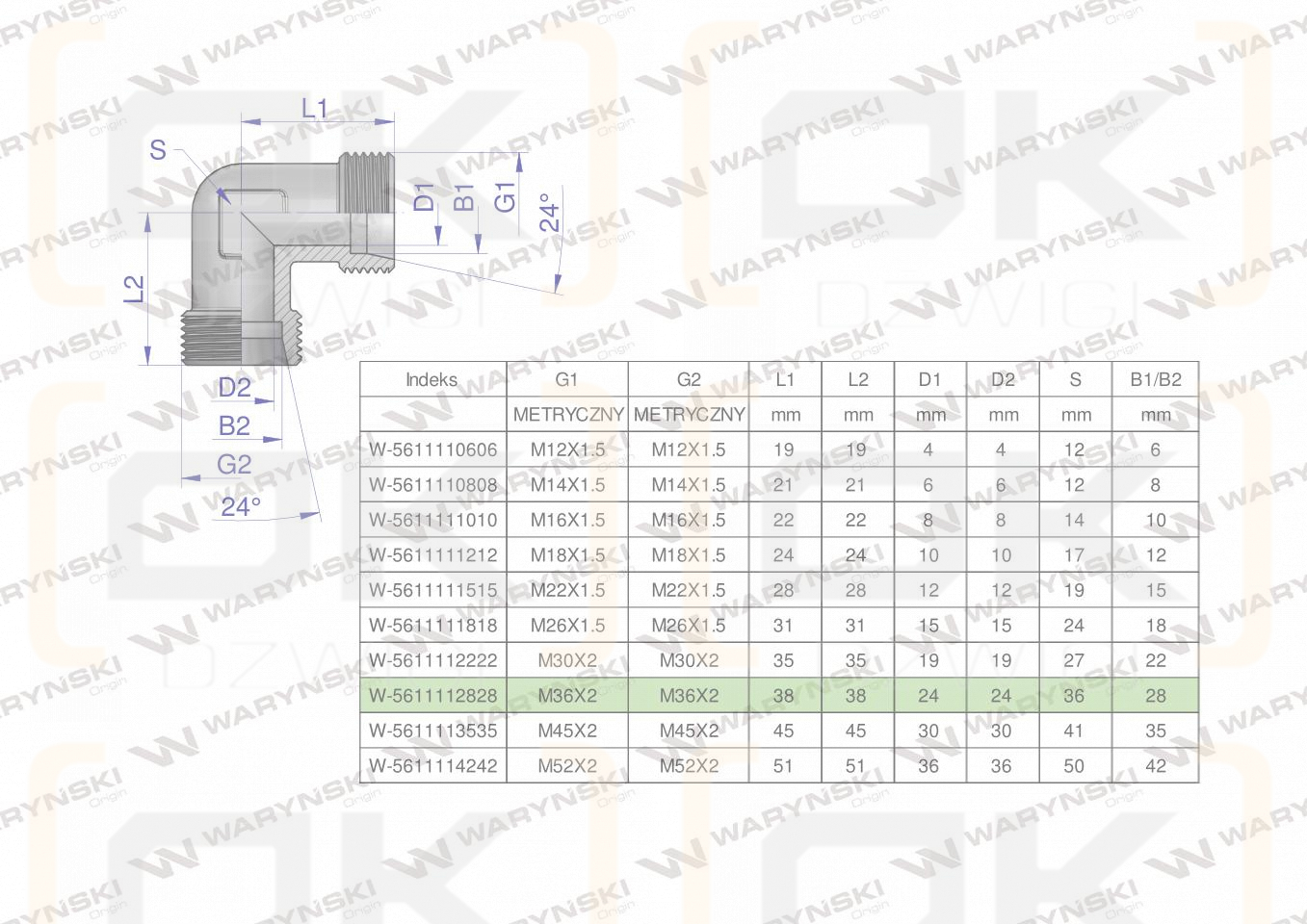 Kolanko hydrauliczne metryczne BB M36x2 28L (XW) Waryński