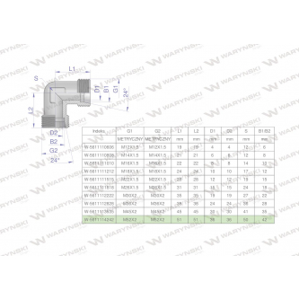 Kolanko hydrauliczne metryczne BB M52x2 42L (XW) Waryński