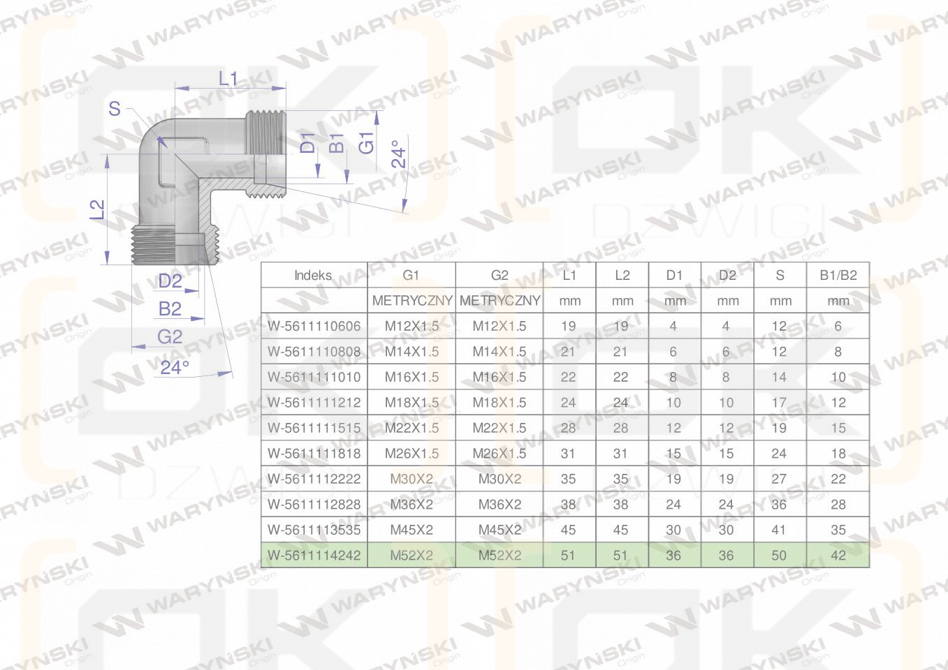Kolanko hydrauliczne metryczne BB M52x2 42L (XW) Waryński