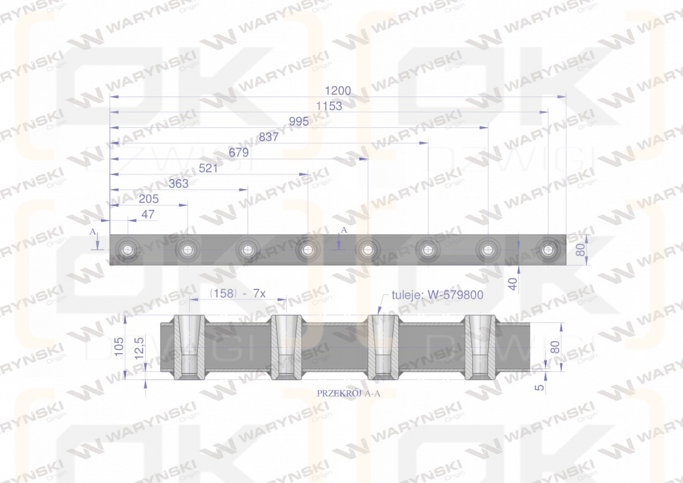 Belka do wideł ładowacza 1200mm na zęby proste i krokodyl 8 tulejek Waryński