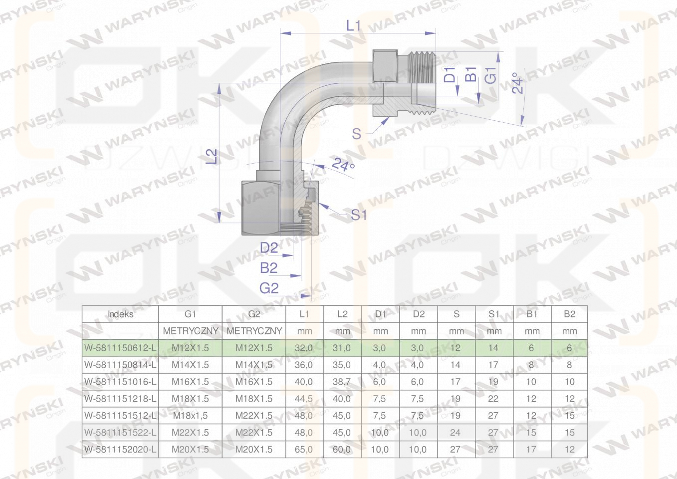 Kolanko hydrauliczne metryczne łukowe AB M12x1.5 06L (XEVW) Waryński ( sprzedawane po 2 )