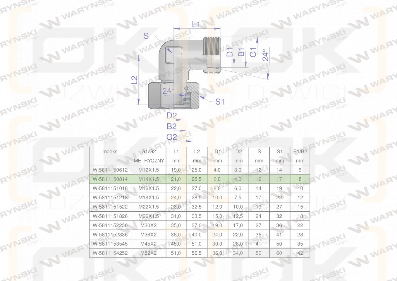 Kolanko hydrauliczne metryczne AB M14x1.5 08L (XEVW) Waryński ( sprzedawane po 2 )