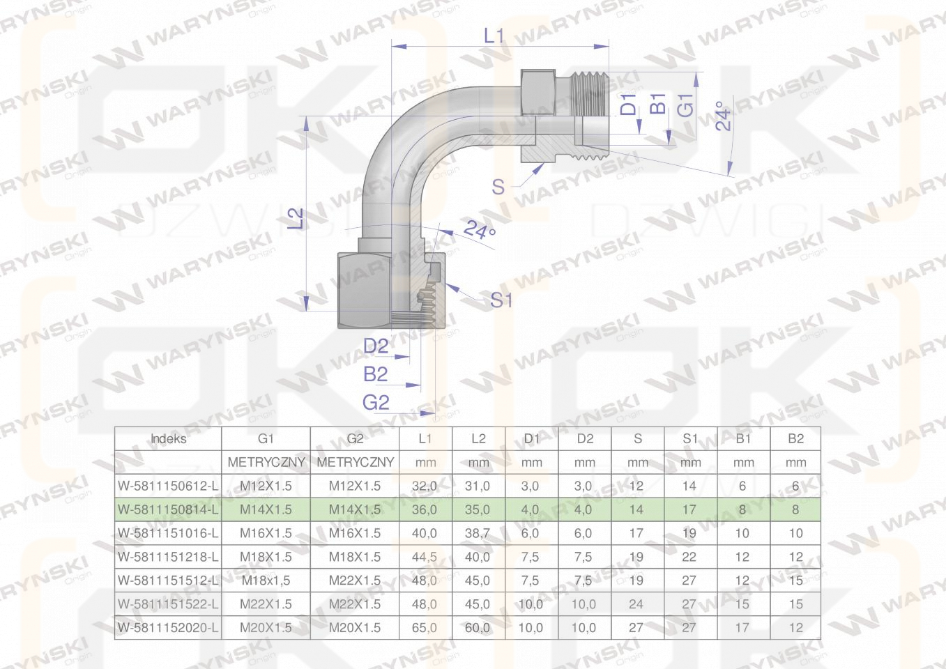 Kolanko hydrauliczne metryczne łukowe AB M14x1.5 08L (XEVW) Waryński ( sprzedawane po 2 )