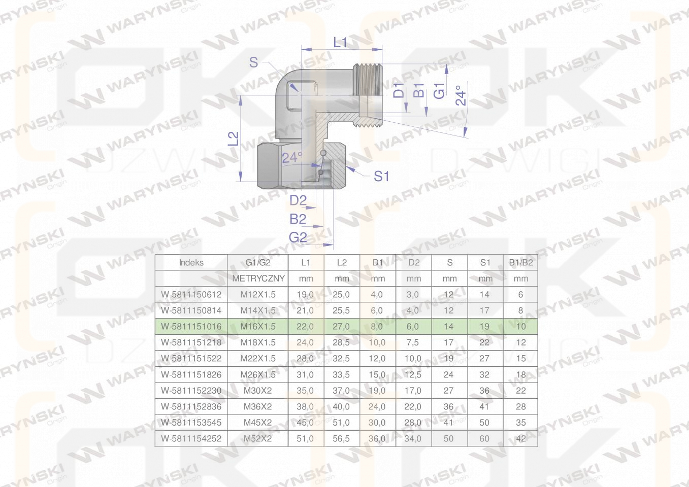 Kolanko hydrauliczne metryczne AB M16x1.5 10L (XEVW) Waryński ( sprzedawane po 5 )
