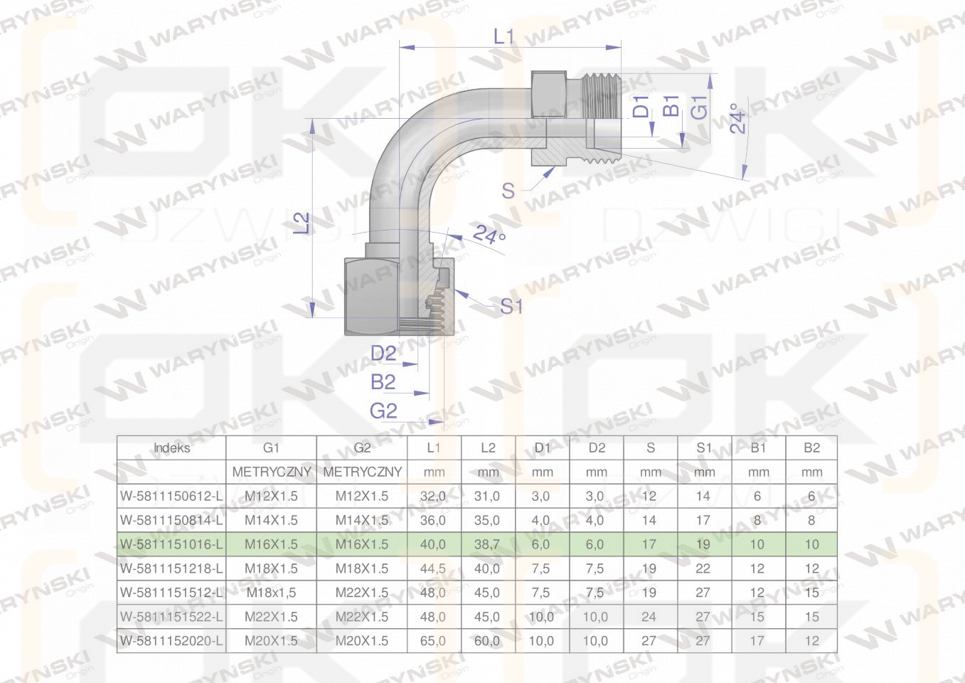 Kolanko hydrauliczne metryczne łukowe AB M16x1.5 10L (XEVW) Waryński ( sprzedawane po 5 )