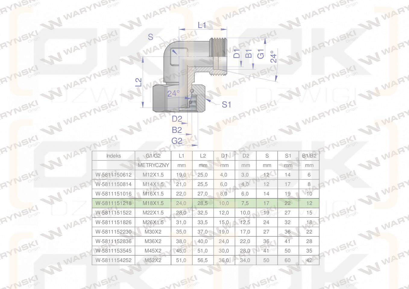 Kolanko hydrauliczne metryczne AB M18x1.5 12L (XEVW) Waryński ( sprzedawane po 5 )