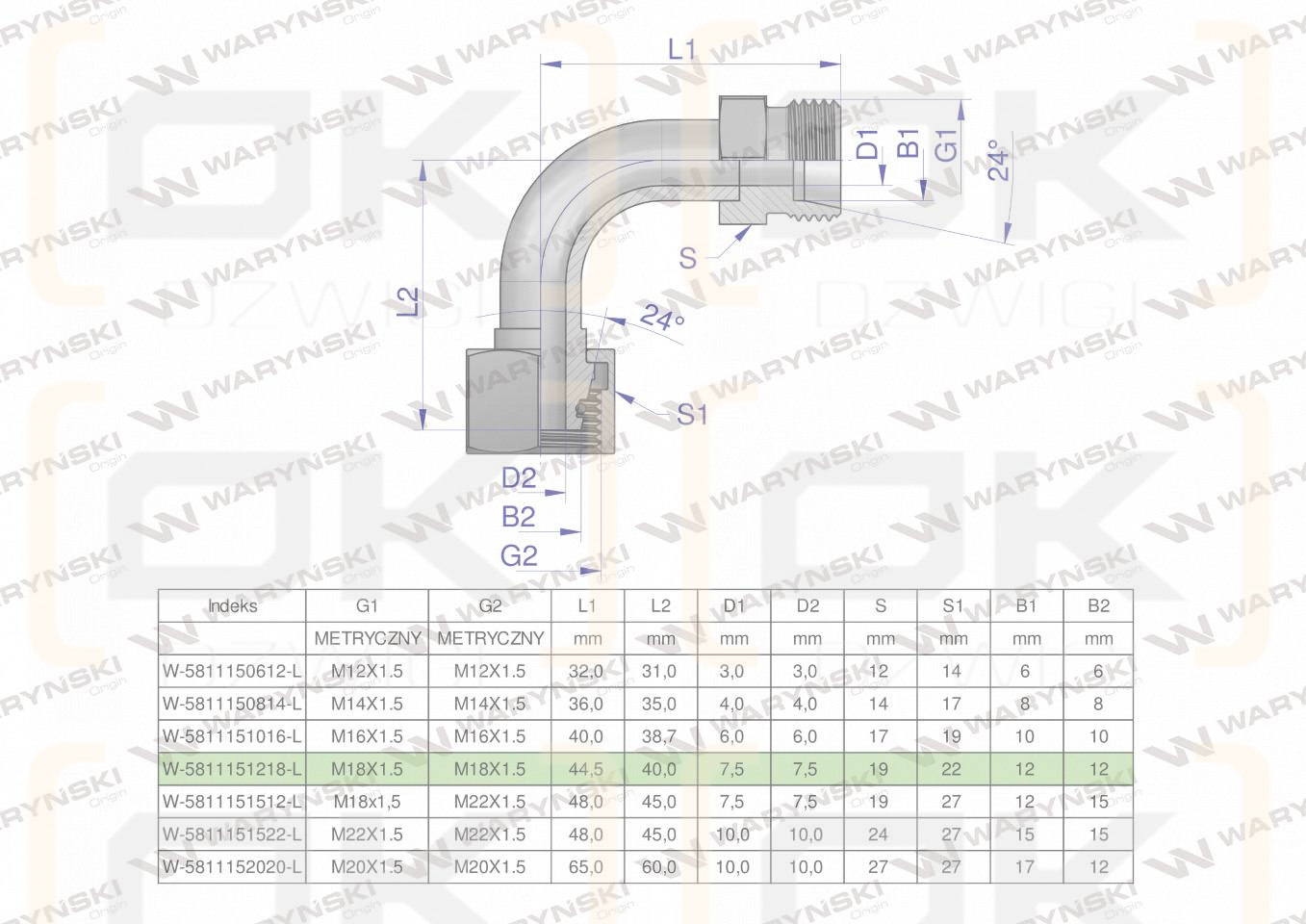 Kolanko hydrauliczne metryczne łukowe AB M18x1.5 12L (XEVW) Waryński ( sprzedawane po 10 )