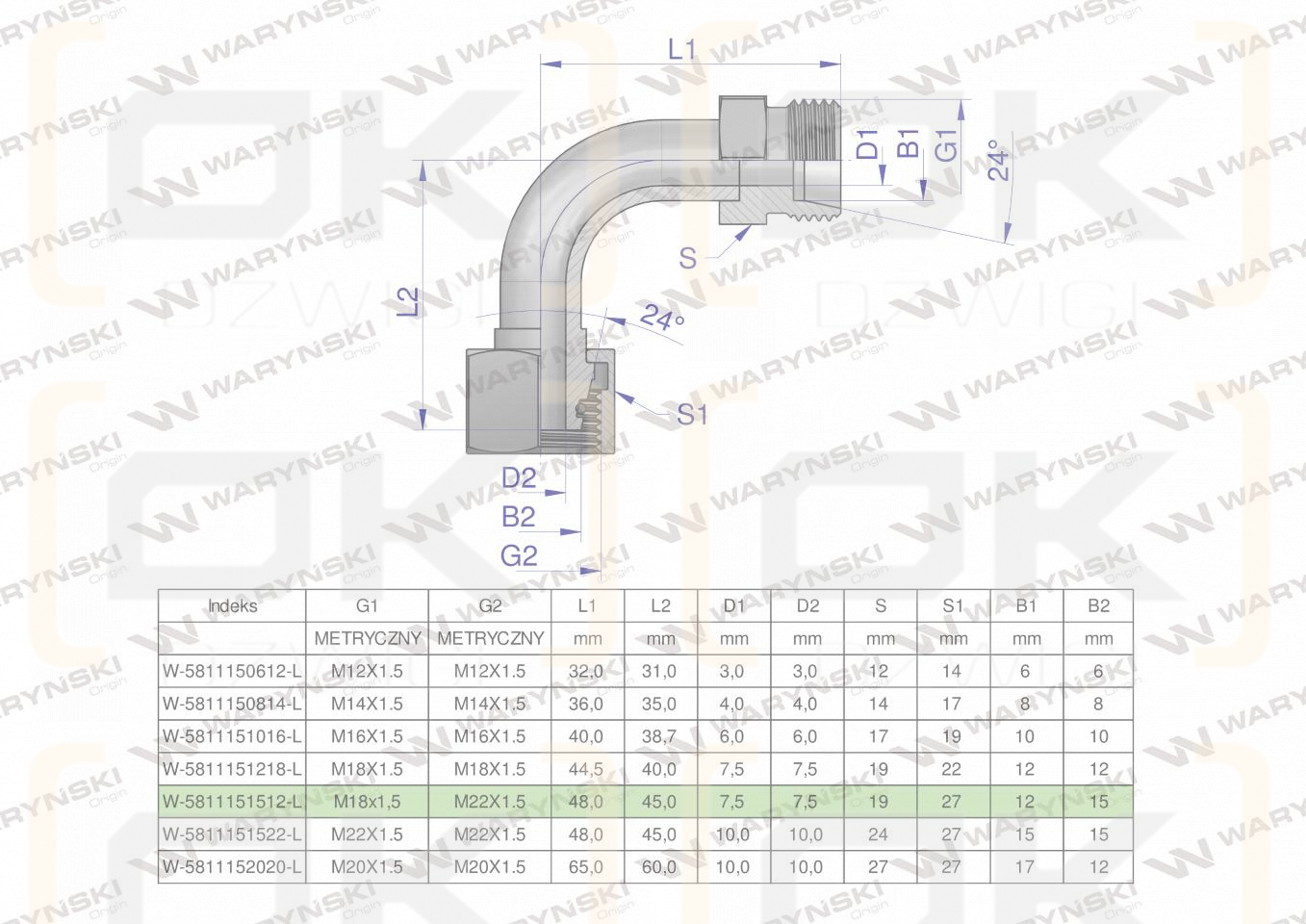 Kolanko hydrauliczne metryczne redukcyjne łukowe AB (XEVW) A-M22x1.5 15L / B-M18x1.5 12L Waryński ( sprzedawane po 10 )