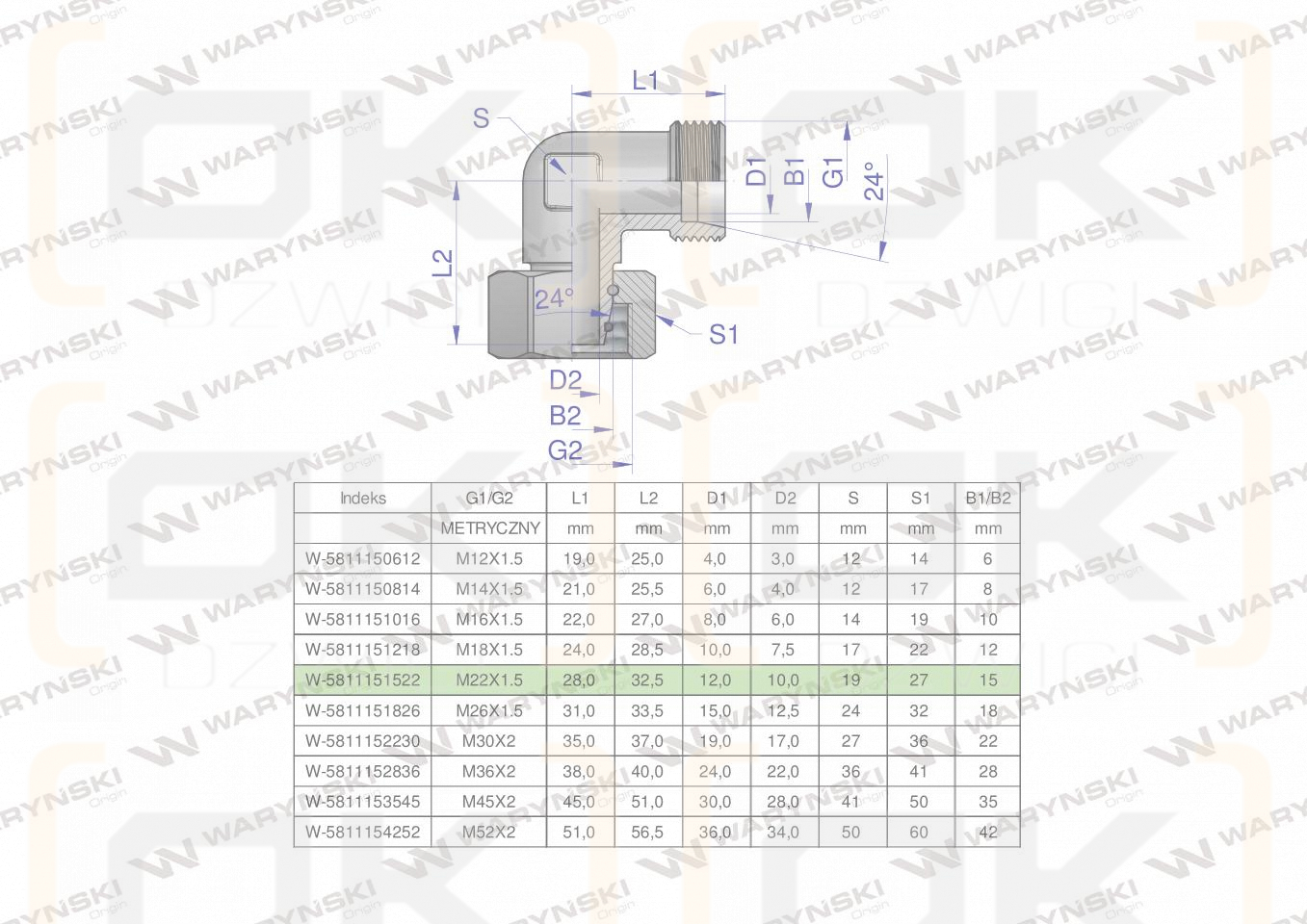 Kolanko hydrauliczne metryczne AB M22x1.5 15L (XEVW) Waryński ( sprzedawane po 50 )