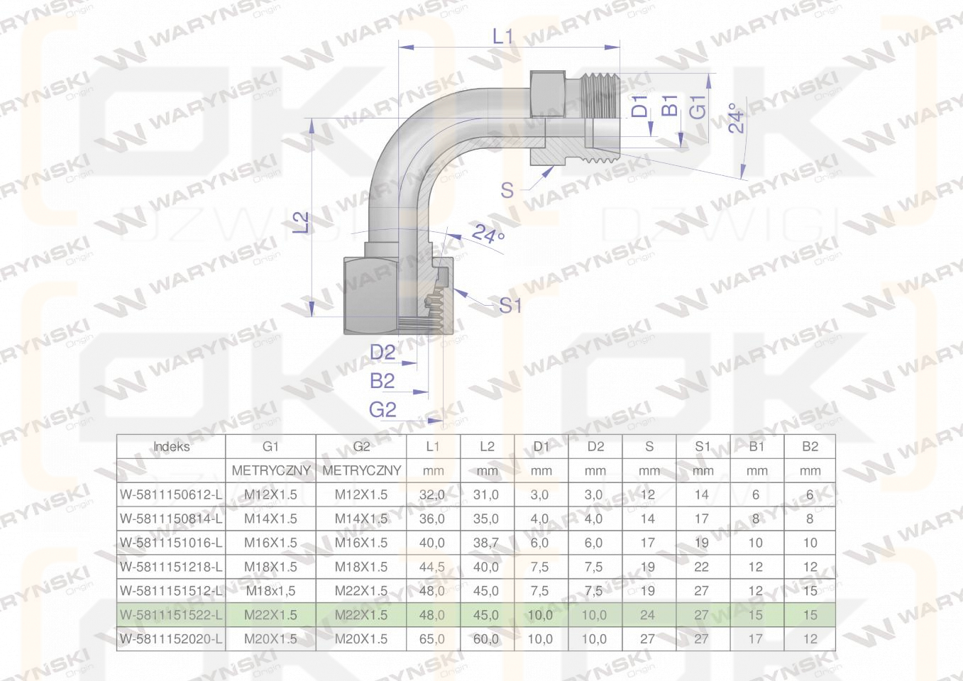Kolanko hydrauliczne metryczne łukowe AB M22x1.5 15L (XEVW) Waryński ( sprzedawane po 10 )