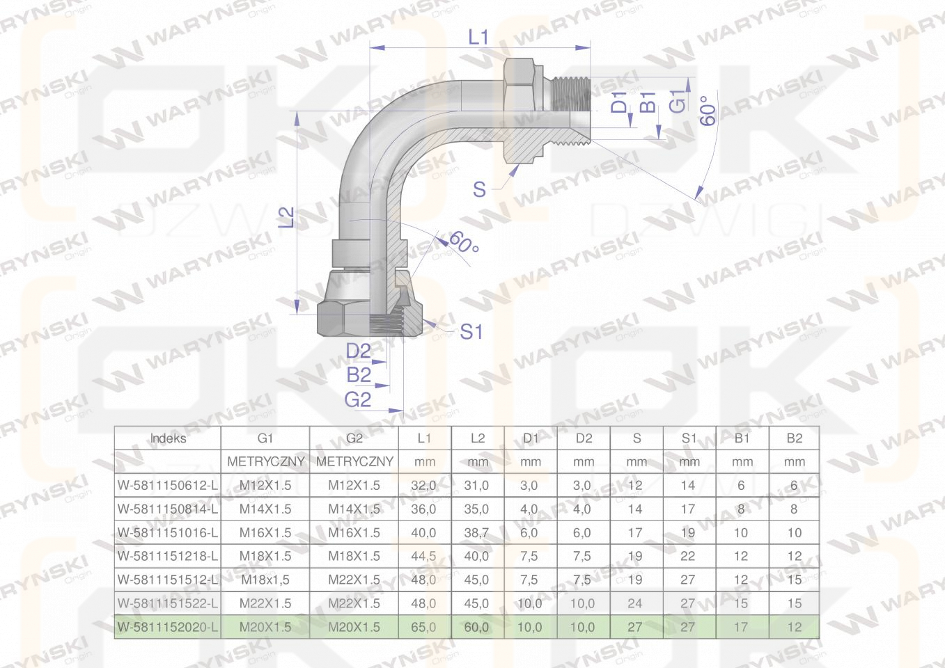 Kolanko hydrauliczne metryczne łukowe AB M20x1.5 (60 stopni) (XEVW) Waryński ( sprzedawane po 10 )
