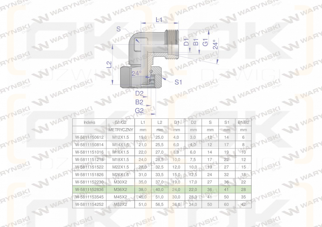 Kolanko hydrauliczne metryczne AB M36x2 28L (XEVW) Waryński