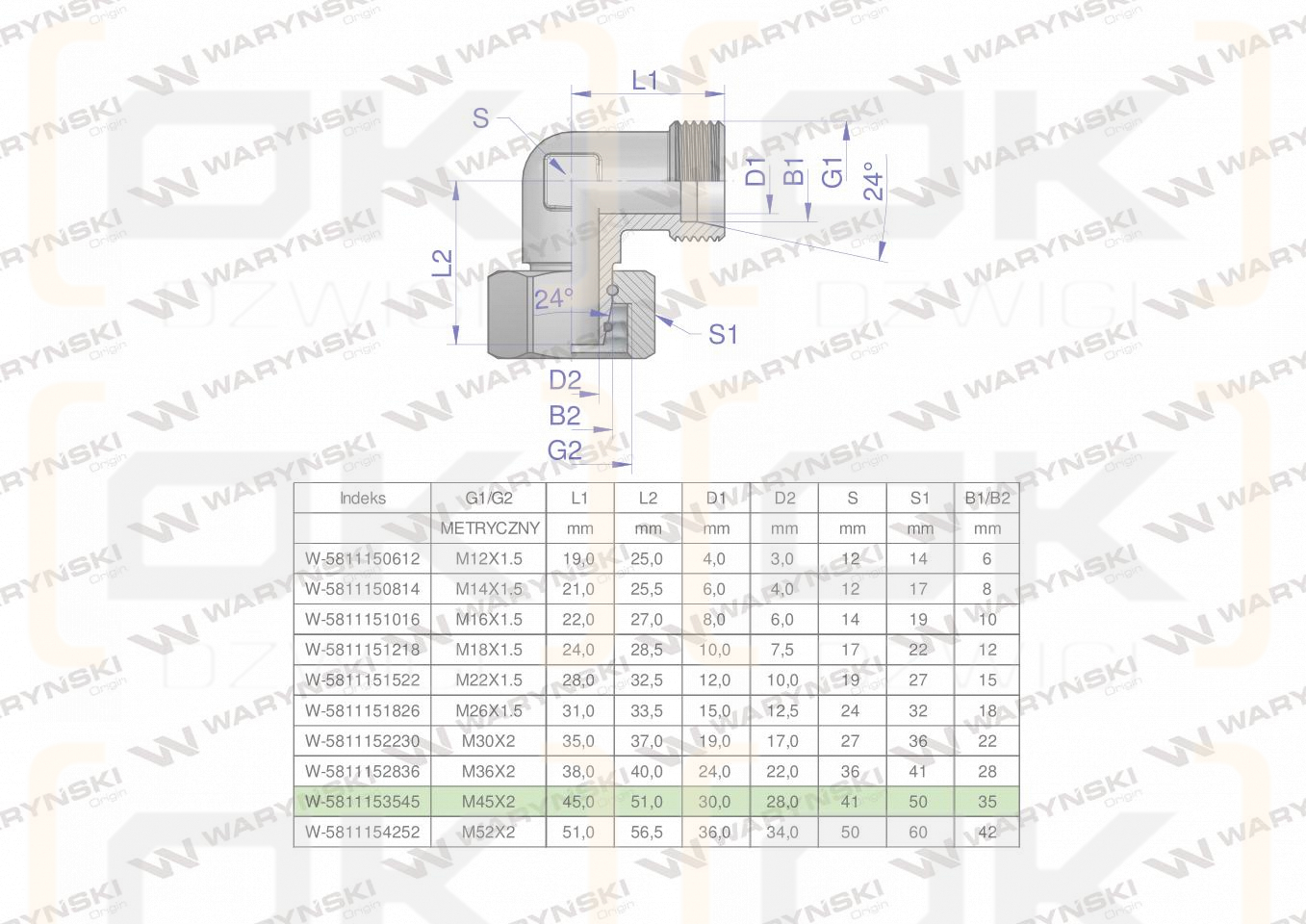Kolanko hydrauliczne metryczne AB M45x2 35L (XEVW) Waryński