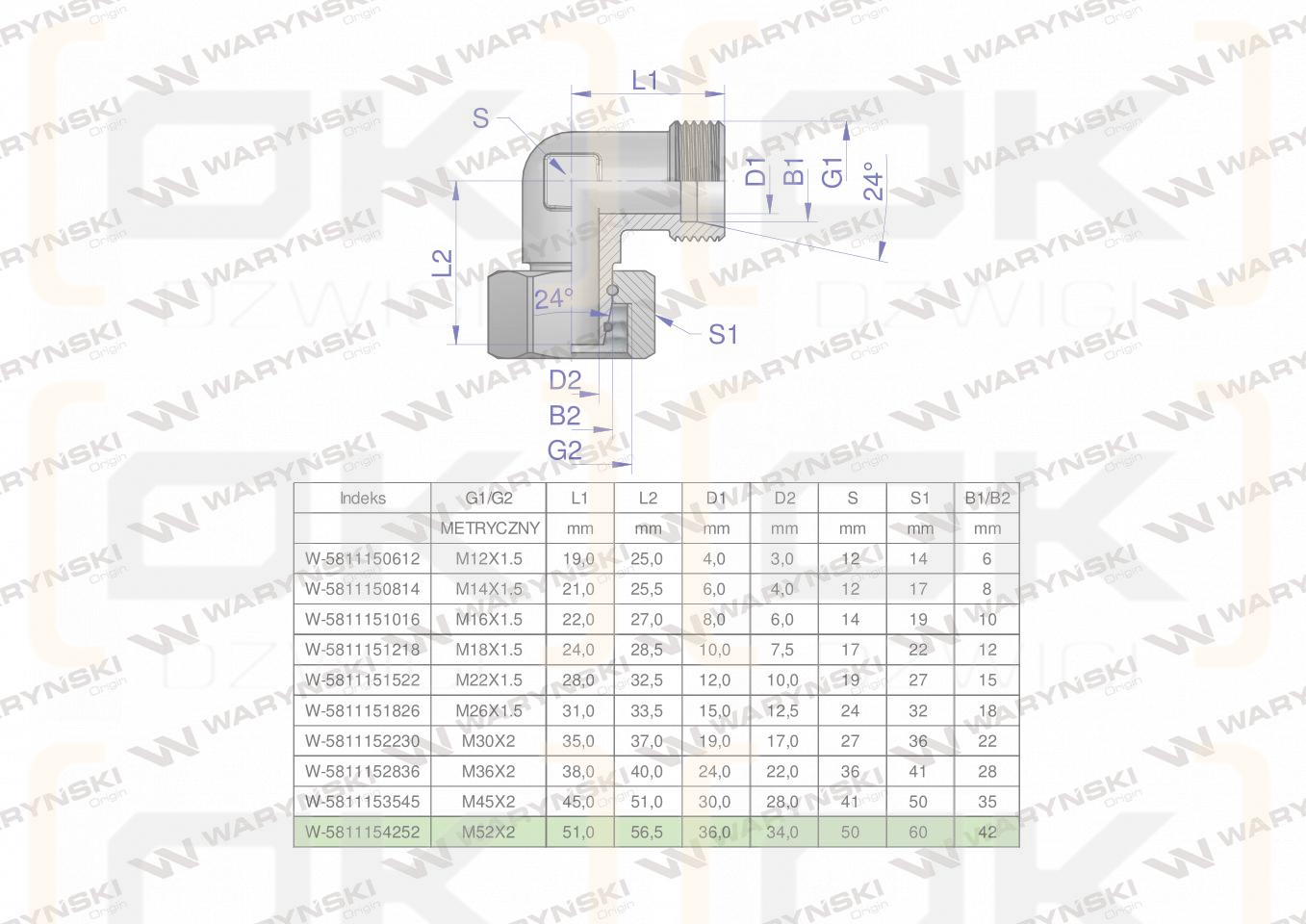 Kolanko hydrauliczne metryczne AB M52x2 42L (XEVW) Waryński