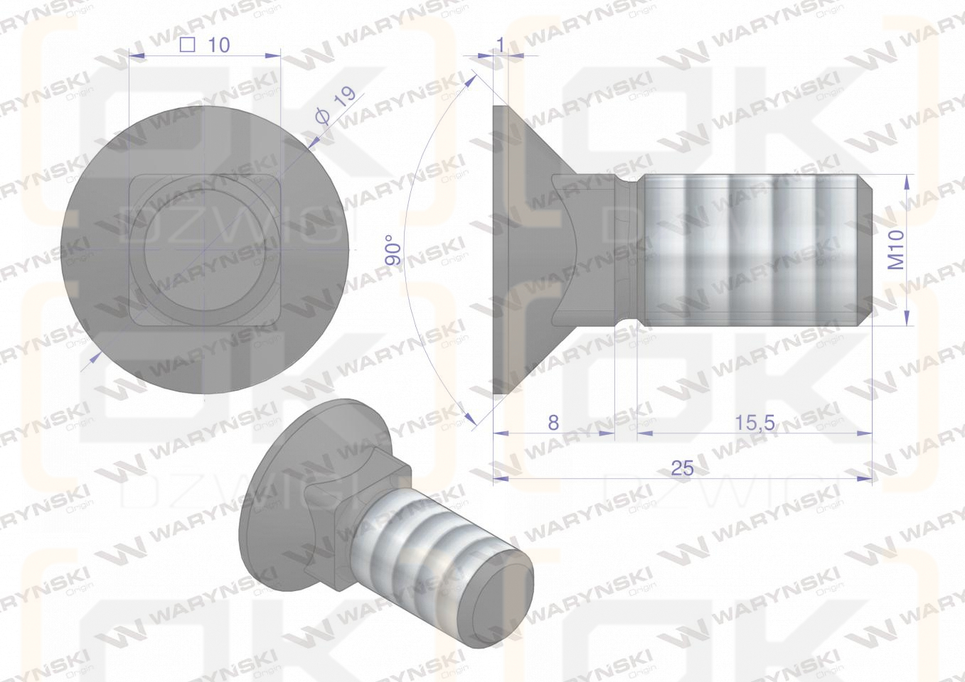 Śruba kpl. płużna podsadzana D 608 M10x25 mm kl.10.9 Waryński ( sprzedawane po 25 )