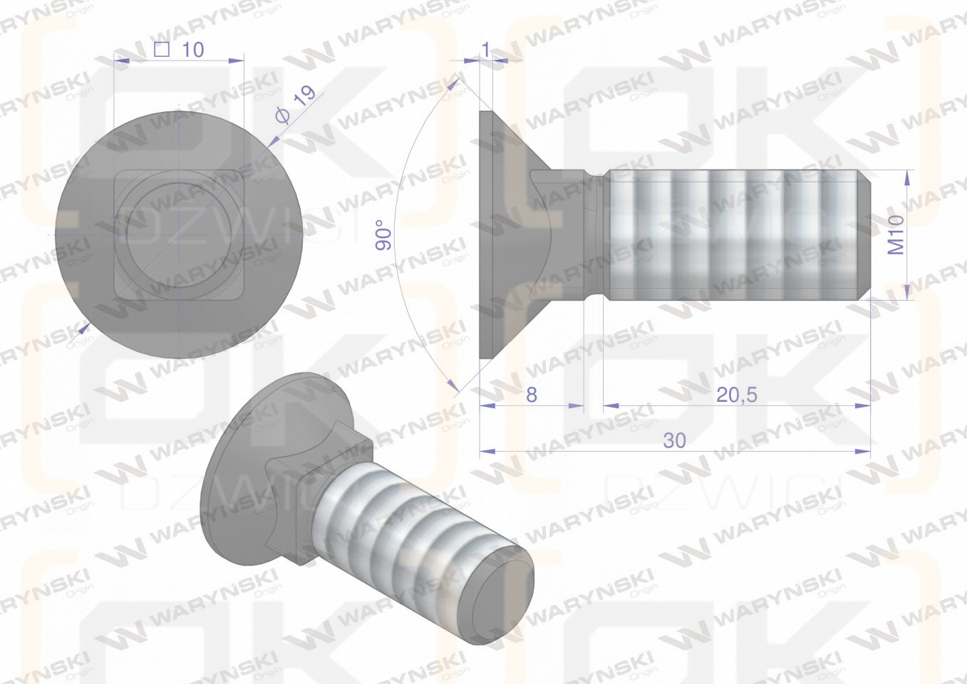 Śruba kpl. płużna podsadzana D 608 M10x30 mm kl.10.9 Waryński ( sprzedawane po 25 )