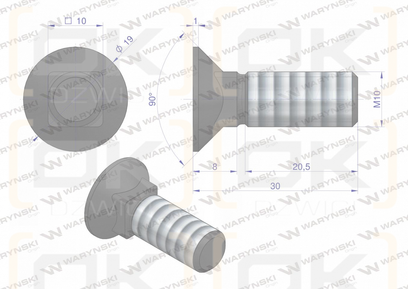 Śruba płużna podsadzana D 608 M10x30 mm kl.10.9 Waryński ( sprzedawane po 10kg )
