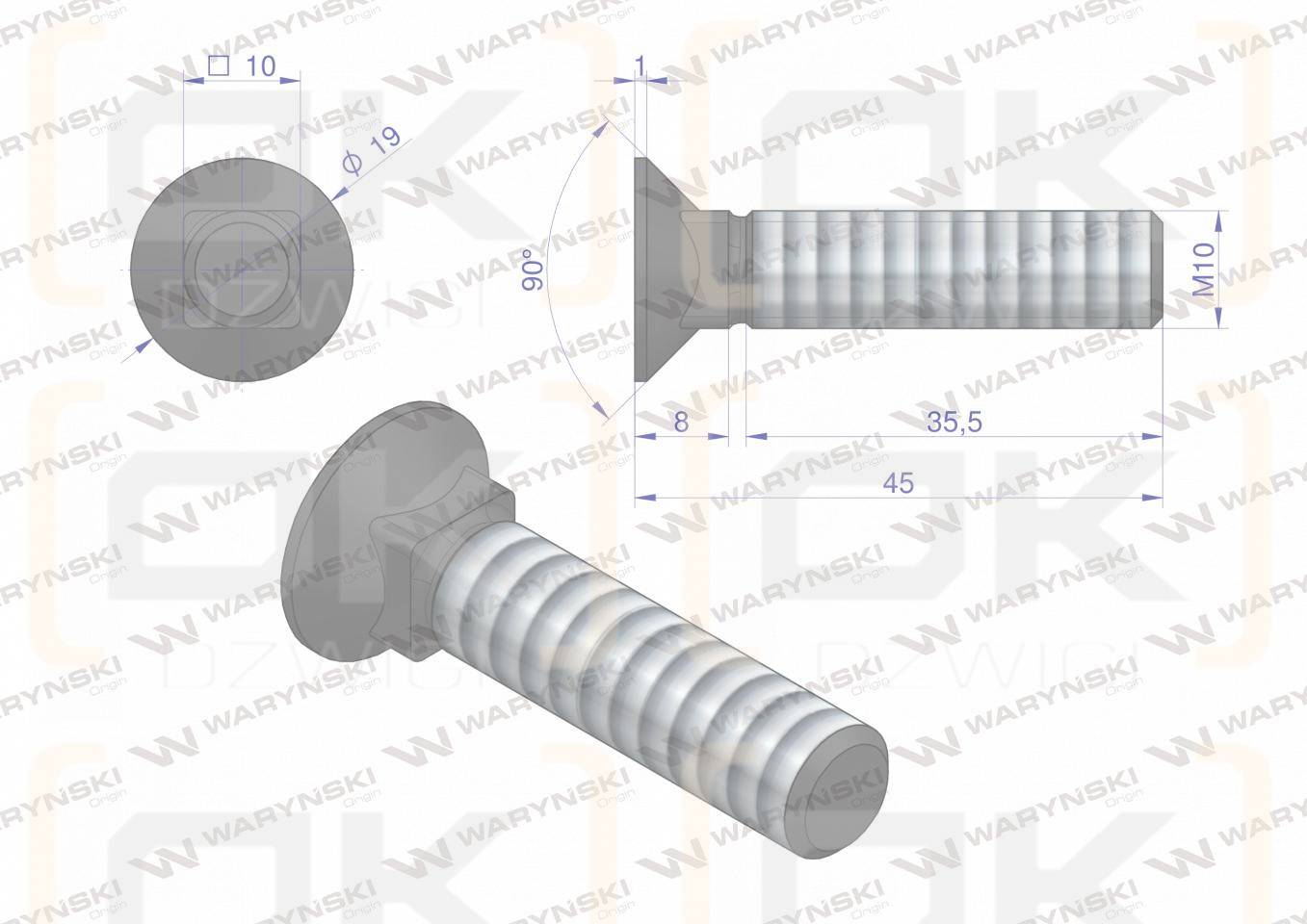 Śruba kpl. płużna podsadzana D 608 M10x45 mm kl.10.9 Waryński ( sprzedawane po 25 )