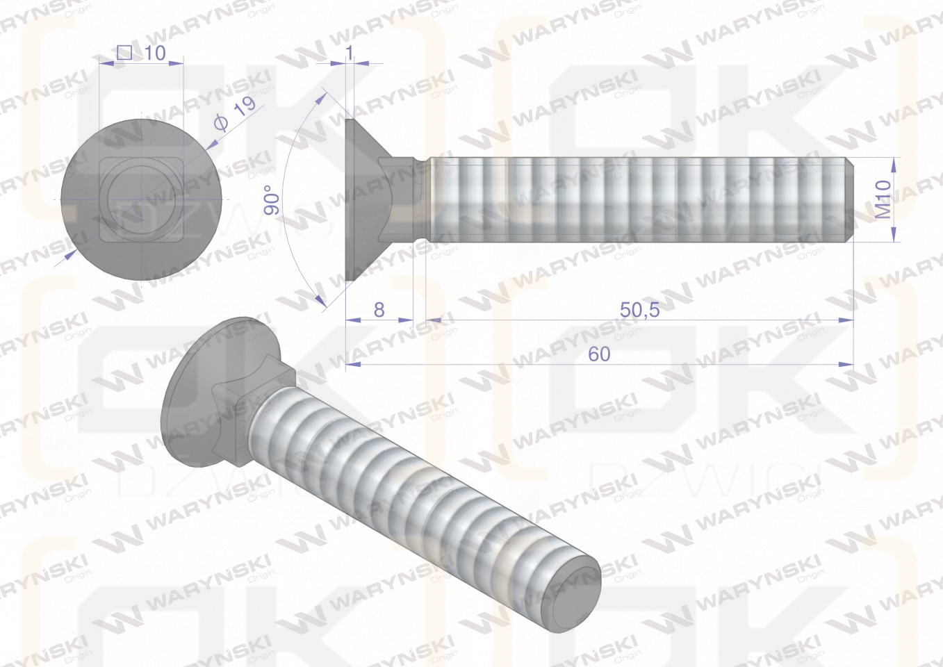 Śruba kpl. płużna podsadzana D 608 M10x60 mm kl.10.9 Waryński ( sprzedawane po 25 )