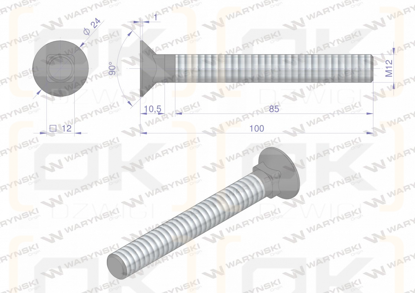 Śruba kpl. płużna podsadzana D 608 M12x100 mm kl.10.9 Waryński ( sprzedawane po 10 )