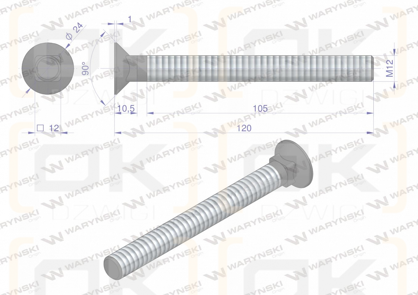 Śruba kpl. płużna podsadzana D 608 M12x120 mm kl.10.9 Waryński ( sprzedawane po 10 )