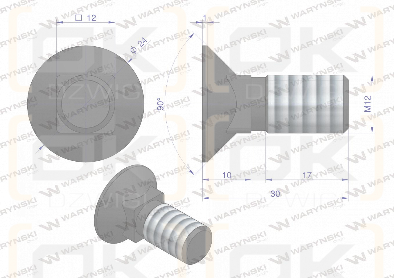 Śruba kpl. płużna podsadzana D 608 M12x30 mm kl.10.9 Waryński ( sprzedawane po 25 )