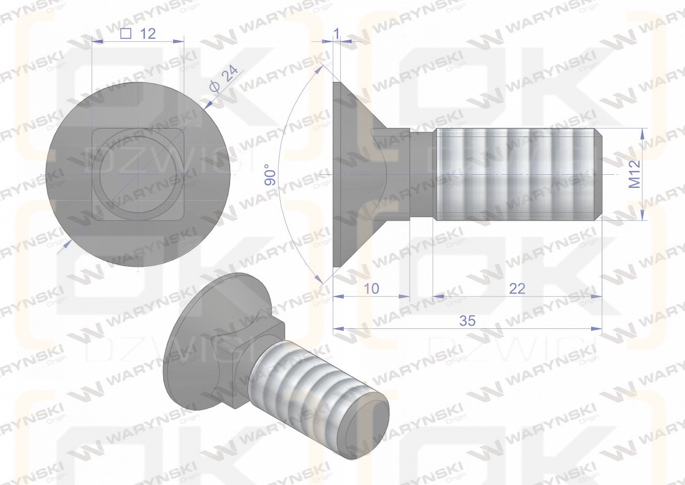 Śruba kpl. płużna podsadzana D 608 M12x35 mm kl.10.9 Waryński ( sprzedawane po 25 )
