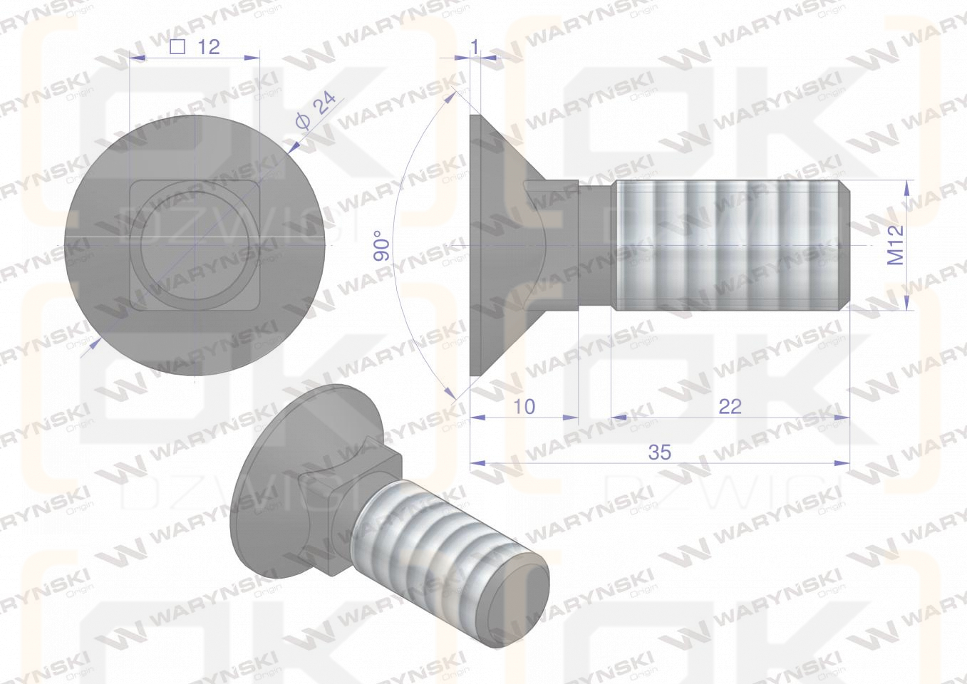 Śruba płużna podsadzana D 608 M12x35 mm kl.10.9 Waryński ( sprzedawane po 10kg )