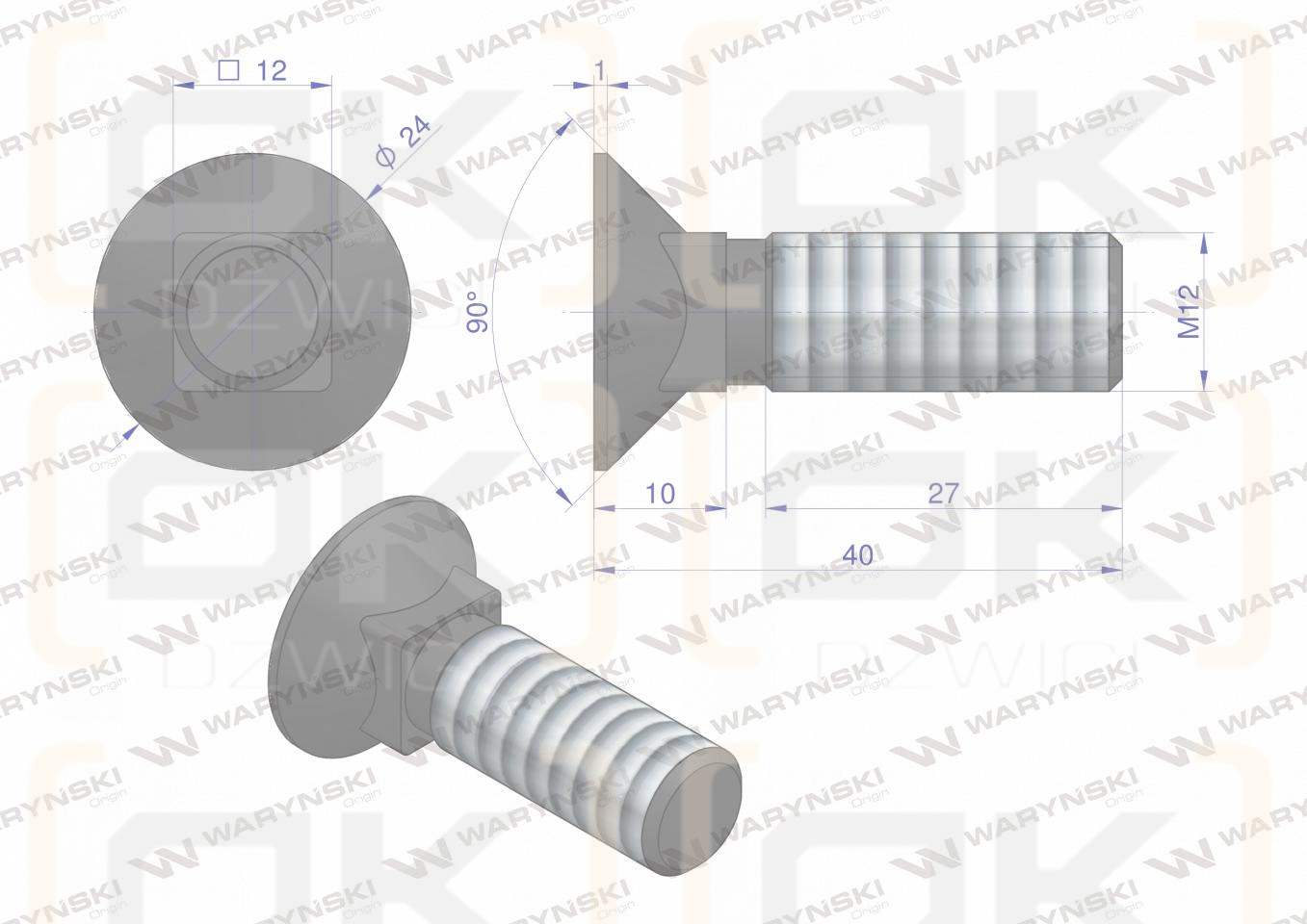 Śruba kpl. płużna podsadzana D 608 M12x40 mm kl.10.9 Waryński ( sprzedawane po 25 )