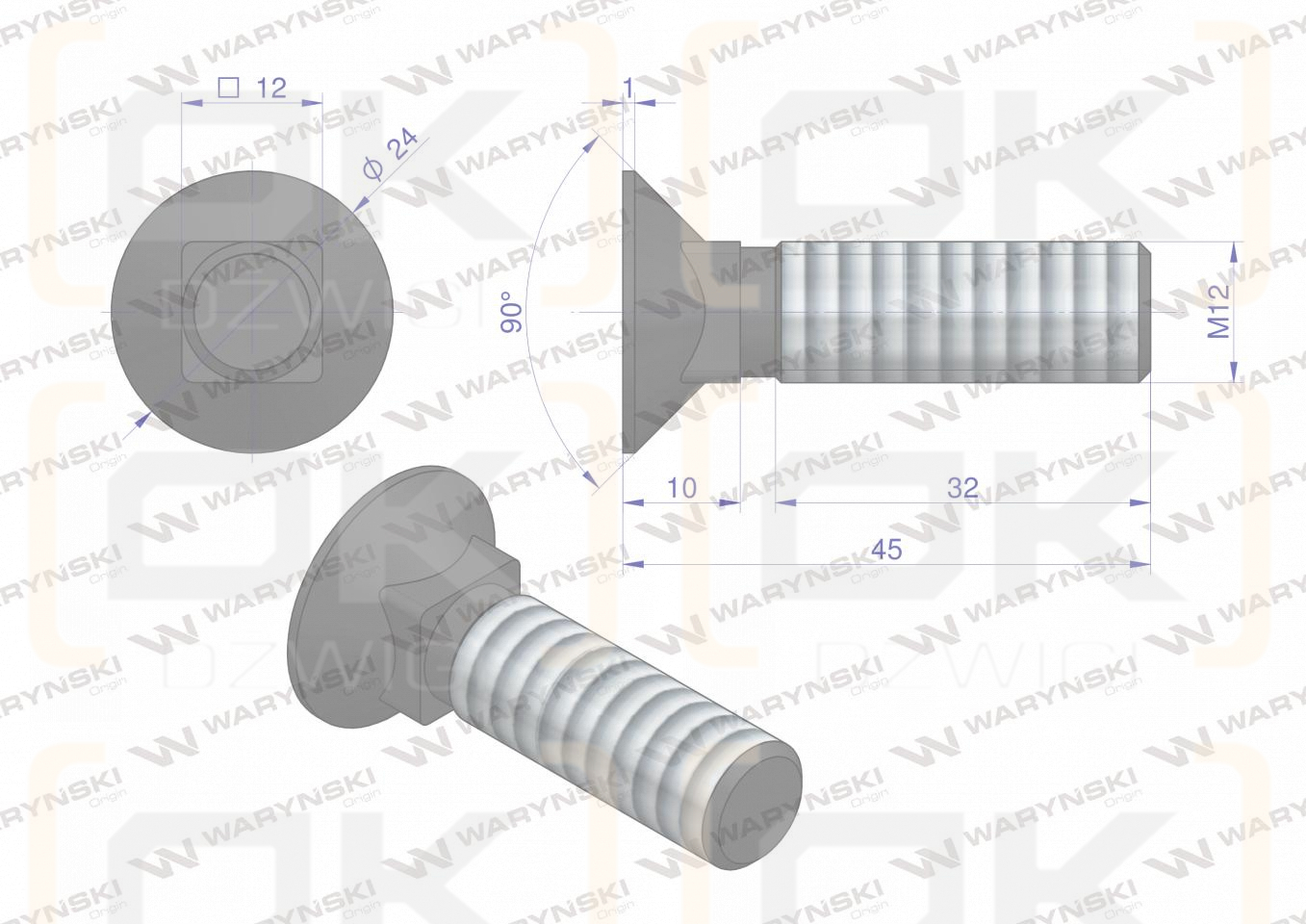 Śruba kpl. płużna podsadzana D 608 M12x45 mm kl.10.9 Waryński ( sprzedawane po 25 )