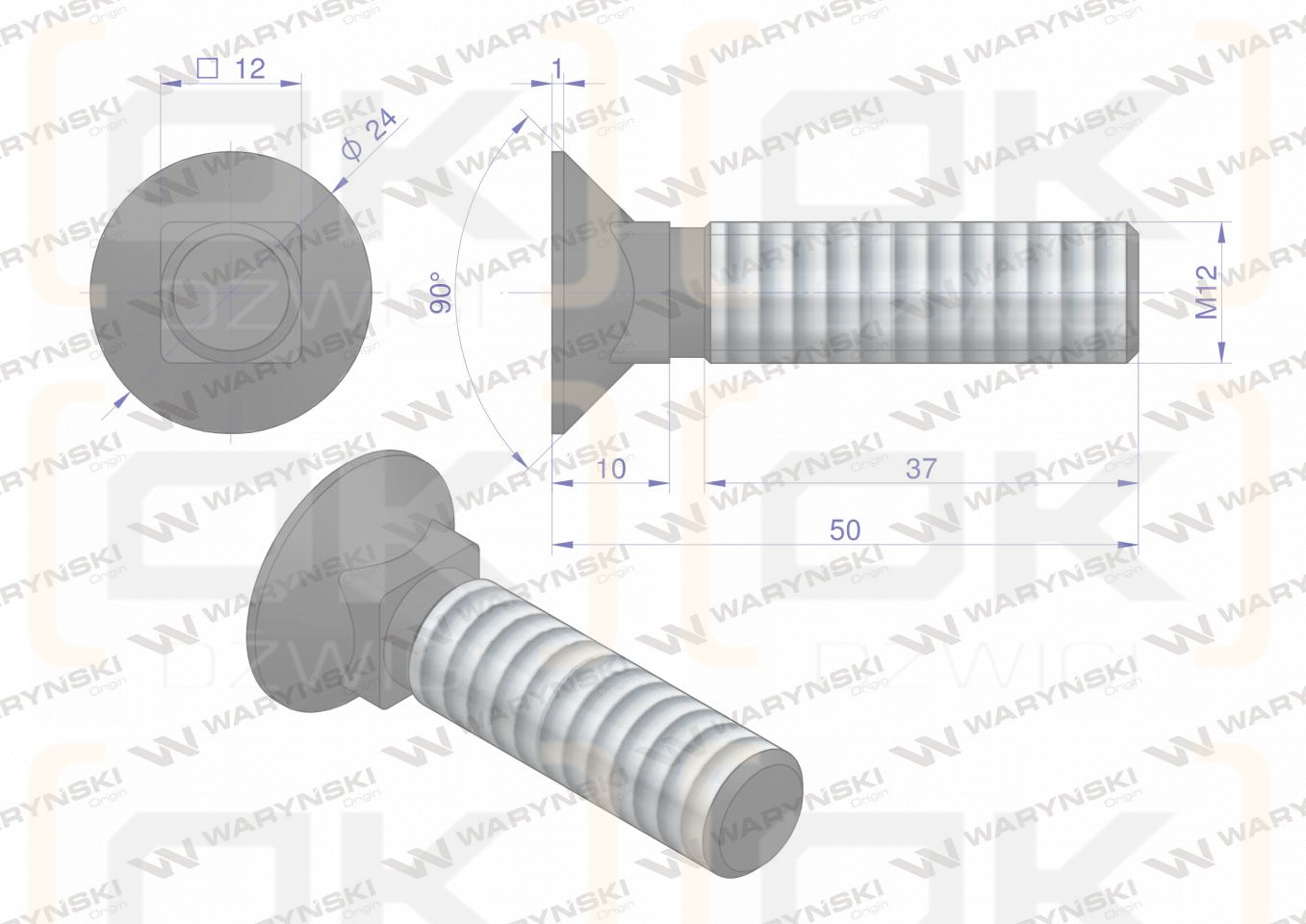 Śruba kpl. płużna podsadzana D 608 M12x50 mm kl.10.9 zastosowanie ząb SX Waryński ( sprzedawane po 25 )