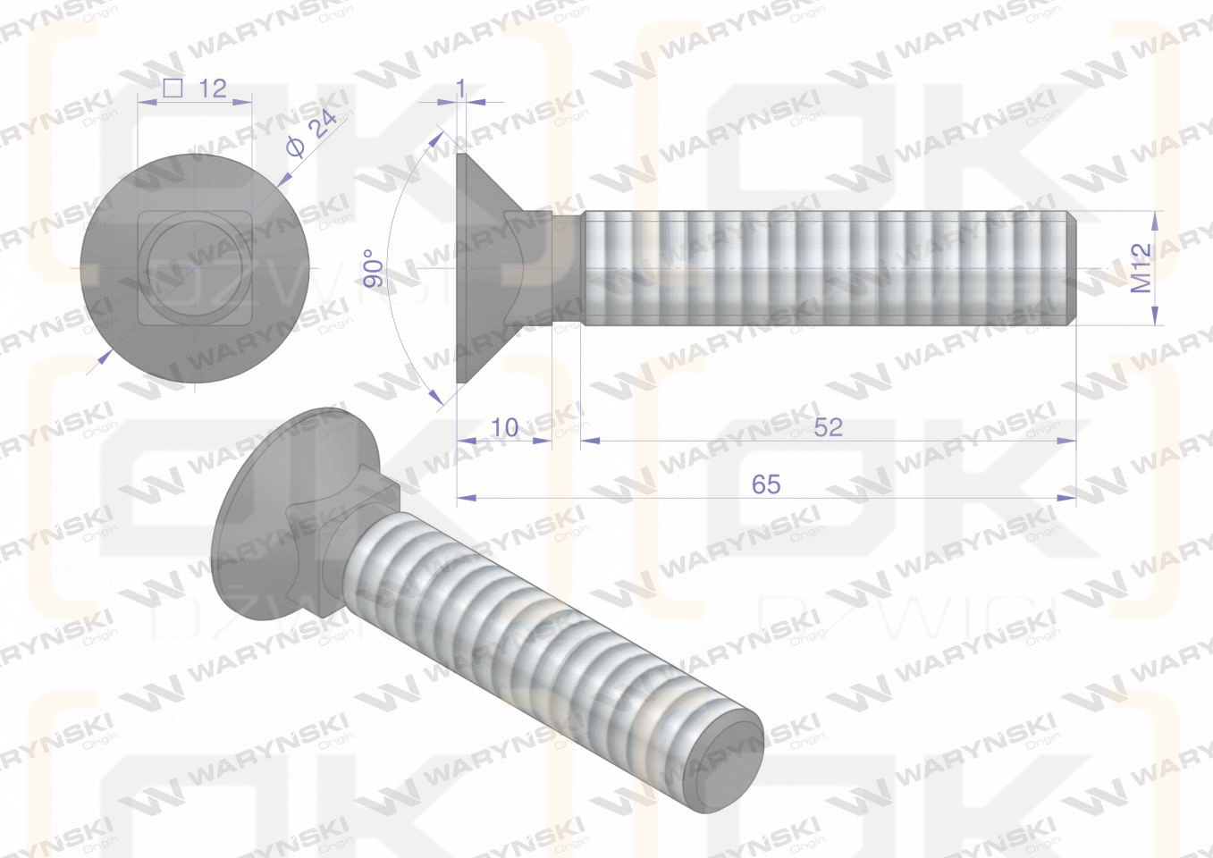 Śruba kpl. płużna podsadzana D 608 M12x65 mm kl.10.9 Waryński ( sprzedawane po 25 )
