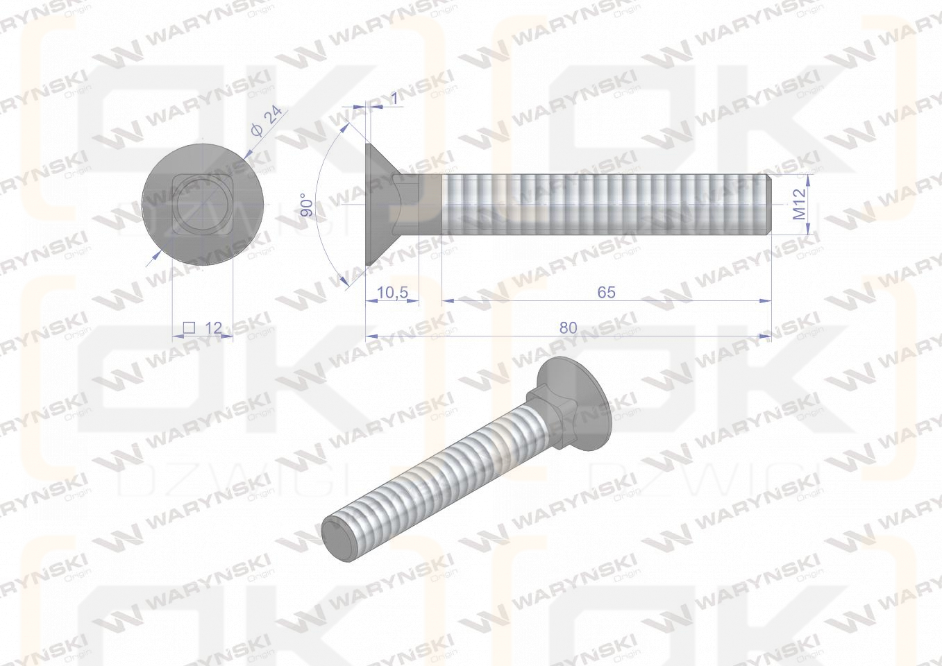 Śruba kpl. płużna podsadzana D 608 M12x80 mm kl.10.9 zastosowanie Gruber Waryński ( sprzedawane po 25 )