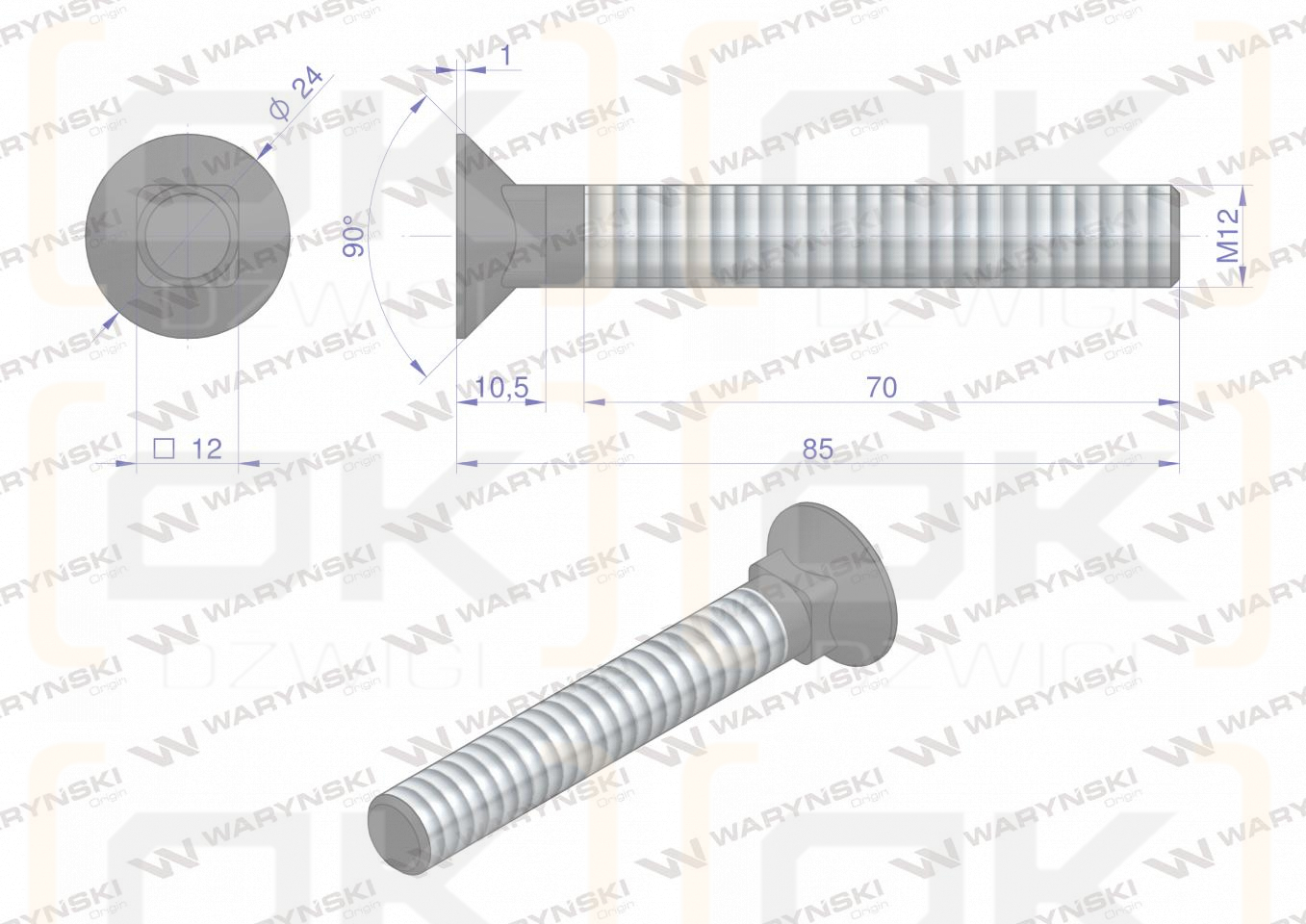 Śruba kpl. płużna podsadzana D 608 M12x85 mm kl.10.9 Waryński ( sprzedawane po 25 )