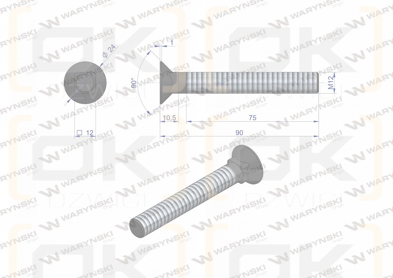 Śruba kpl. płużna podsadzana D 608 M12x90 mm kl.10.9 zastosowanie Gruber Waryński ( sprzedawane po 25 )