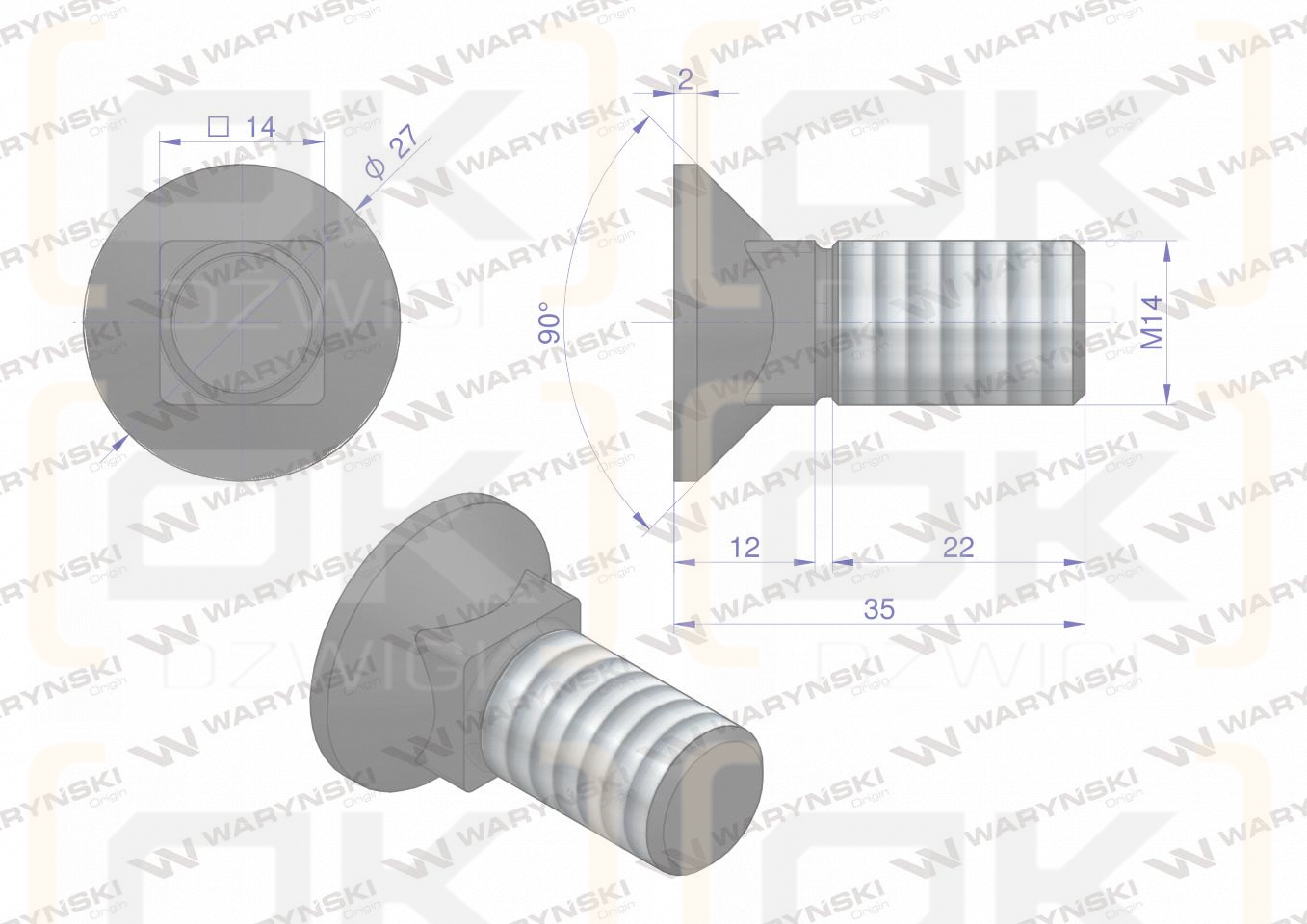 Śruba kpl. płużna podsadzana D 608 M14x35 mm kl.10.9 Waryński ( sprzedawane po 10 )