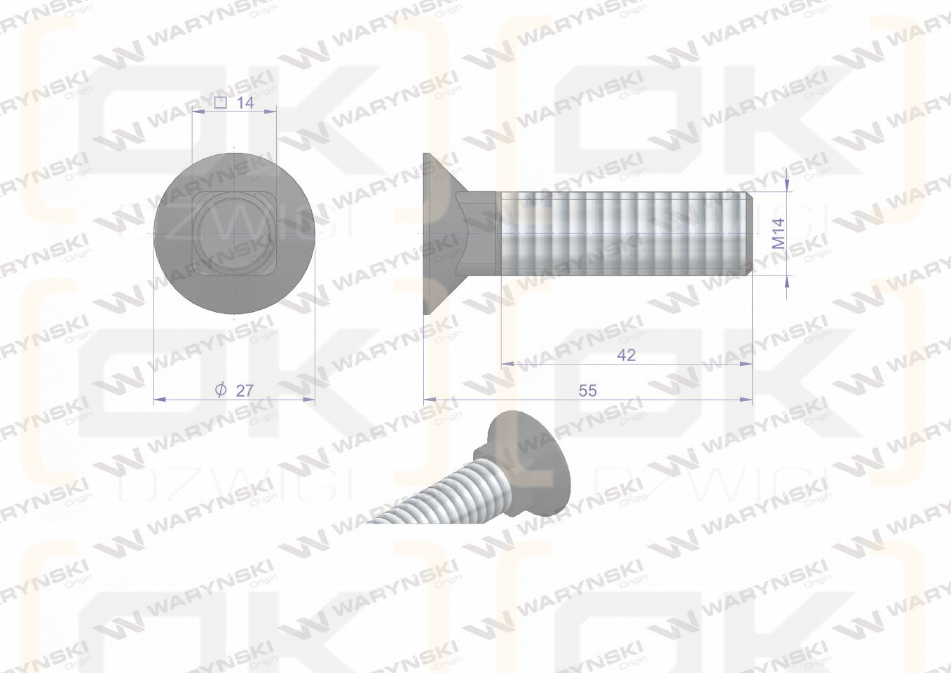 Śruba kpl. płużna podsadzana D 608 M14x55 mm kl.10.9 Waryński ( sprzedawane po 10 )