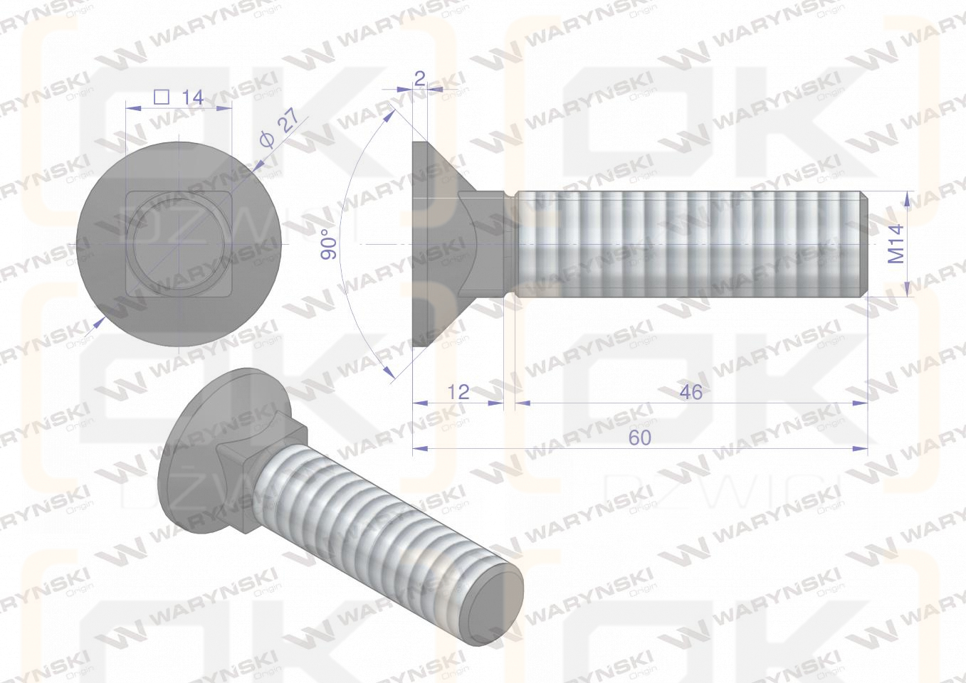Śruba kpl. płużna podsadzana D 608 M14x60 mm kl.10.9 Waryński ( sprzedawane po 10 )